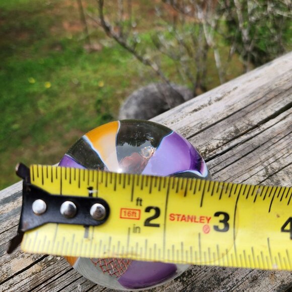 Vintage Handblown Glass Paperweight With Purple & Amber Swirls Copper Mesh Cente - Picture 10 of 10
